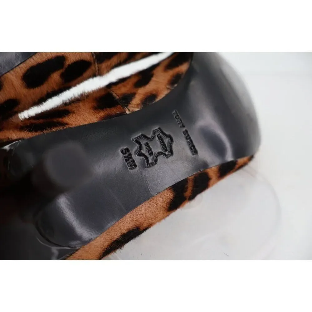 Tory Burch Double T Buckle Leopard Calf Hair Kitten Heel Pumps Size 5.5 Brown